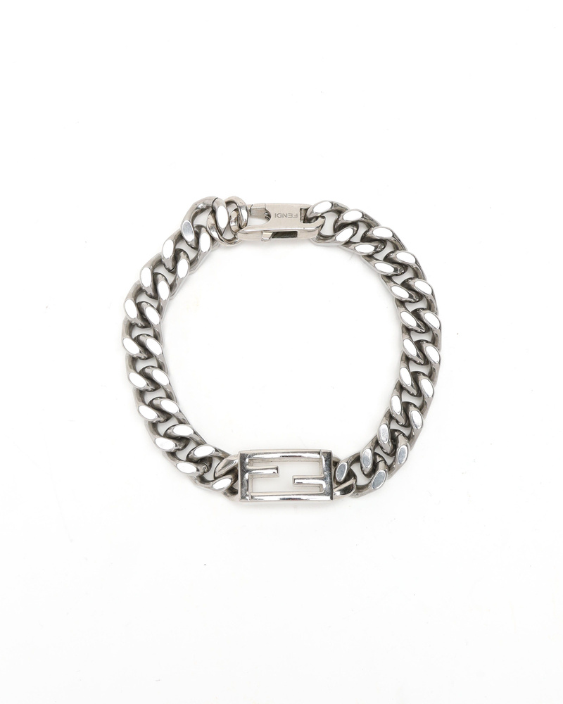 Full view of the silver-tone Fendi Baguette curb chain bracelet with the FF logo plaque on a white background.