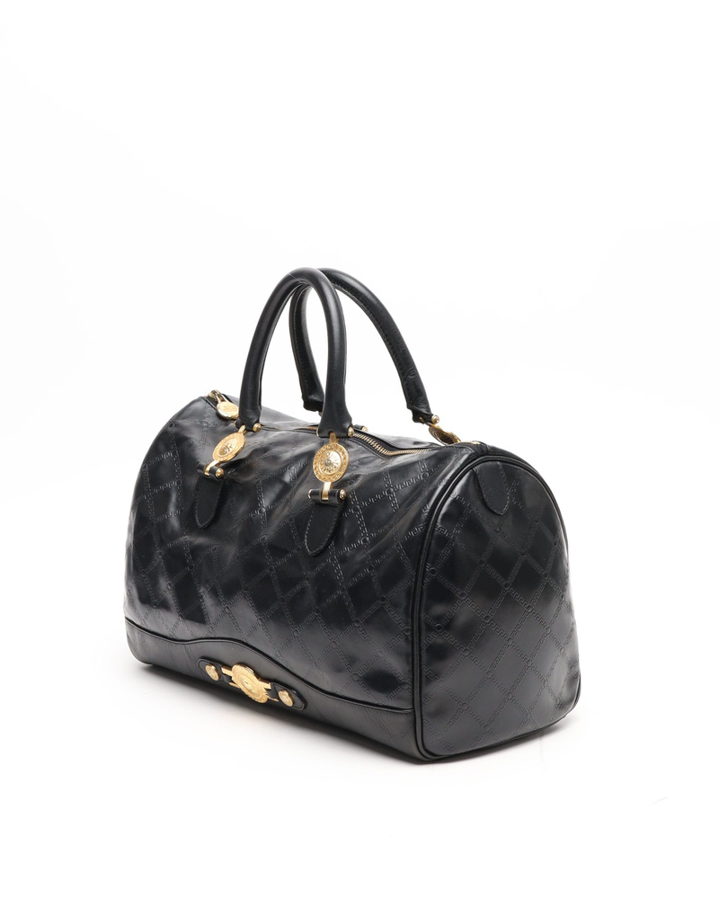 バッグ VERSACE Sunburst Logo Leather Handbag Vintage Versace Sunburst Boston Bag - A Retro Tale