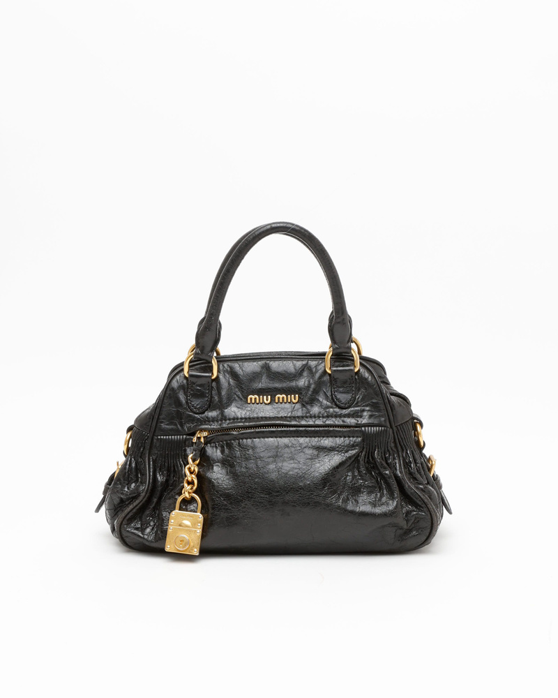 バッグ miu miu VITELLO SHINE SHOPPING Black Miu Miu Vitello Shine Patch Black Leather Satchel Bag
