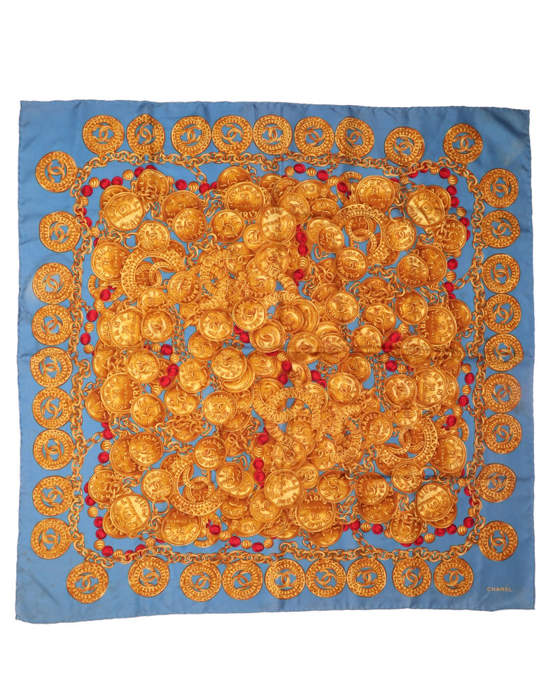 Vintage Chanel 90 Coco Mark Classic Silk Blue And Gold Scarf - WZ659001
