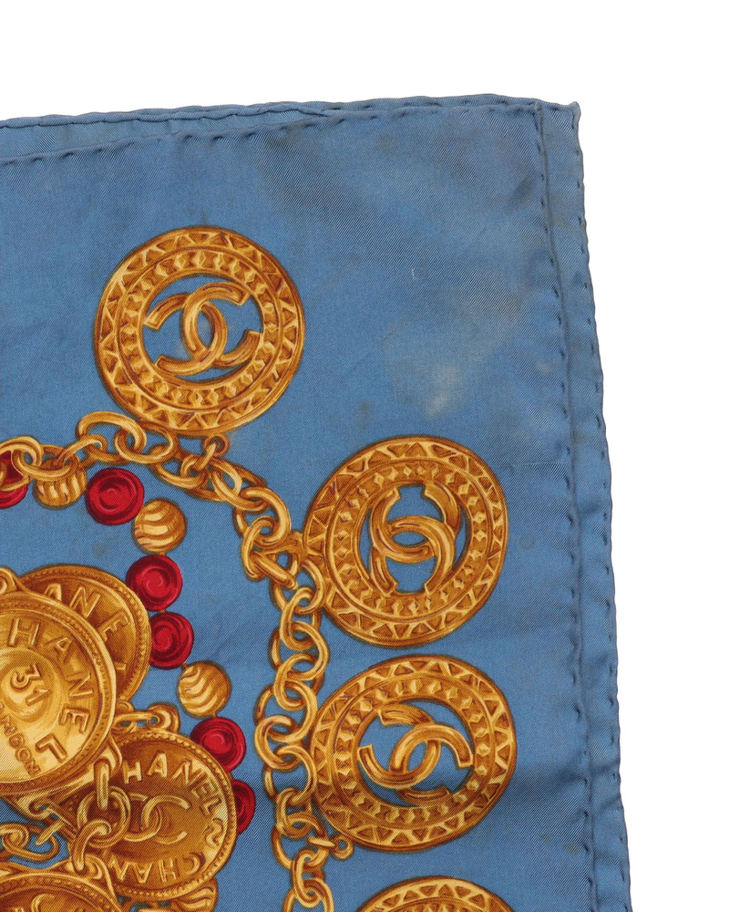 Vintage Chanel 90 Coco Mark Classic Silk Blue And Gold Scarf - WZ659001