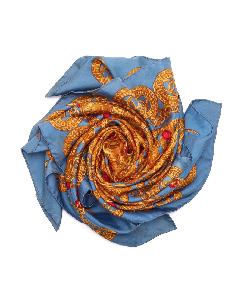 Vintage Chanel 90 Coco Mark Classic Silk Blue And Gold Scarf - WZ659001