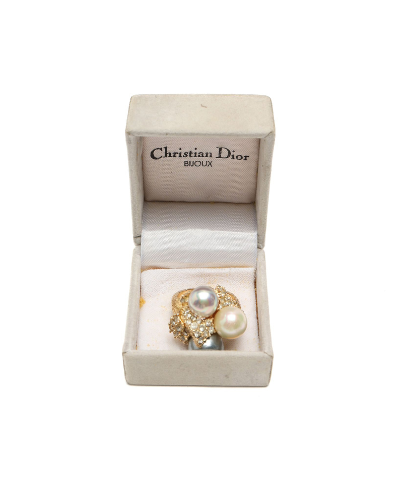 Christian Dior Rhinestone Pearl Ring, Size 60