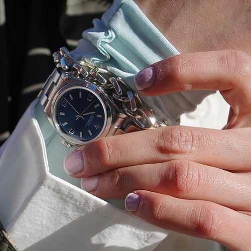 Wrist with a rare Rolex Datejust 36mm Sodalite Diamond Dial watch