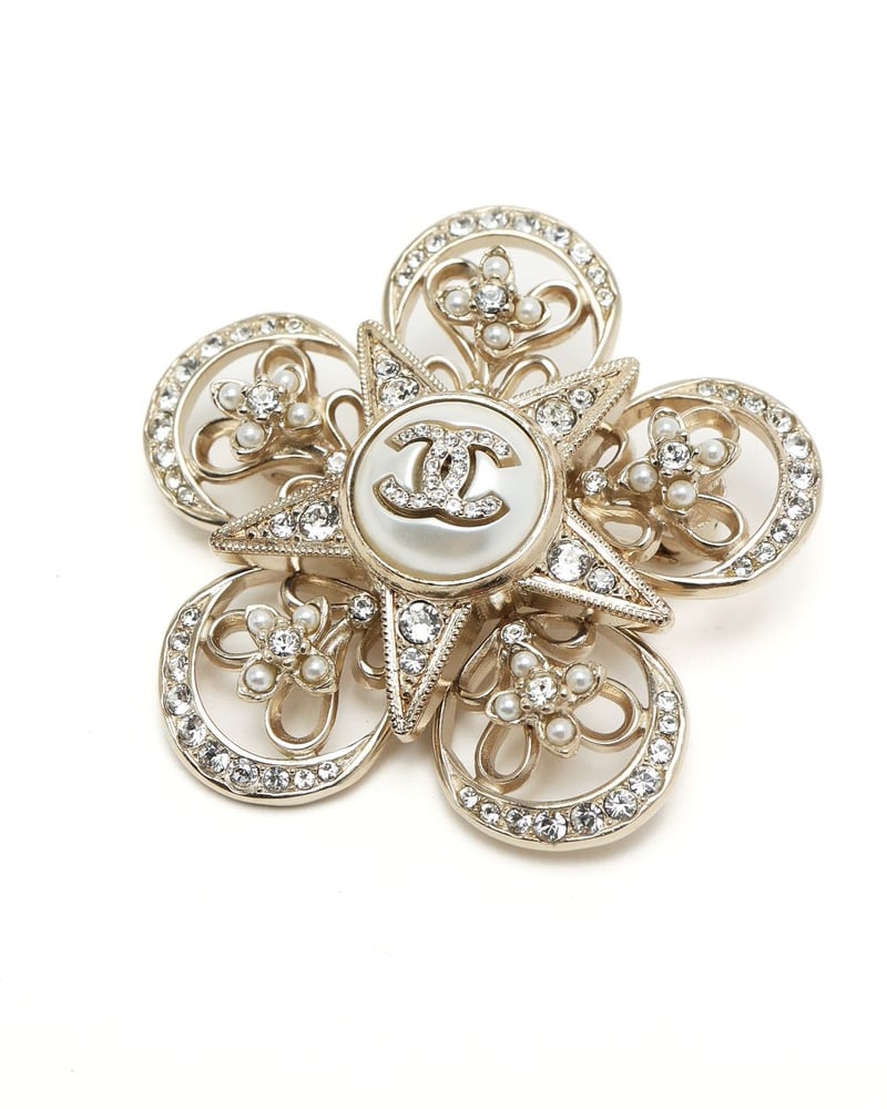 Chanel Coco Mark Rhinestone Pearl Brooch