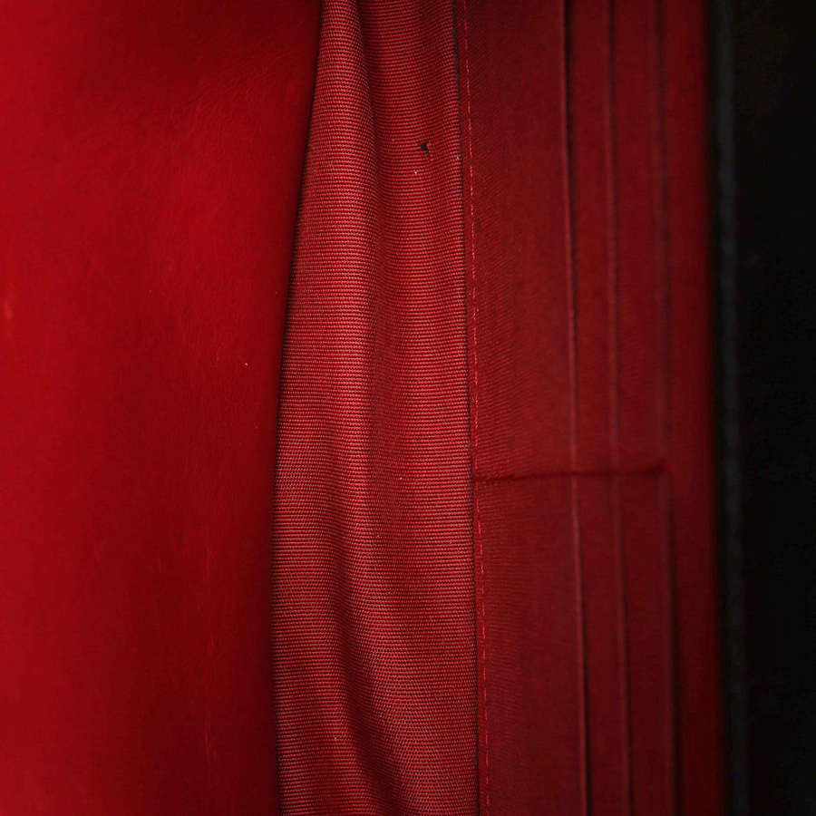 Interior view of the Chanel Wallet on Chain Bag showing the red fabric lining and card slots.