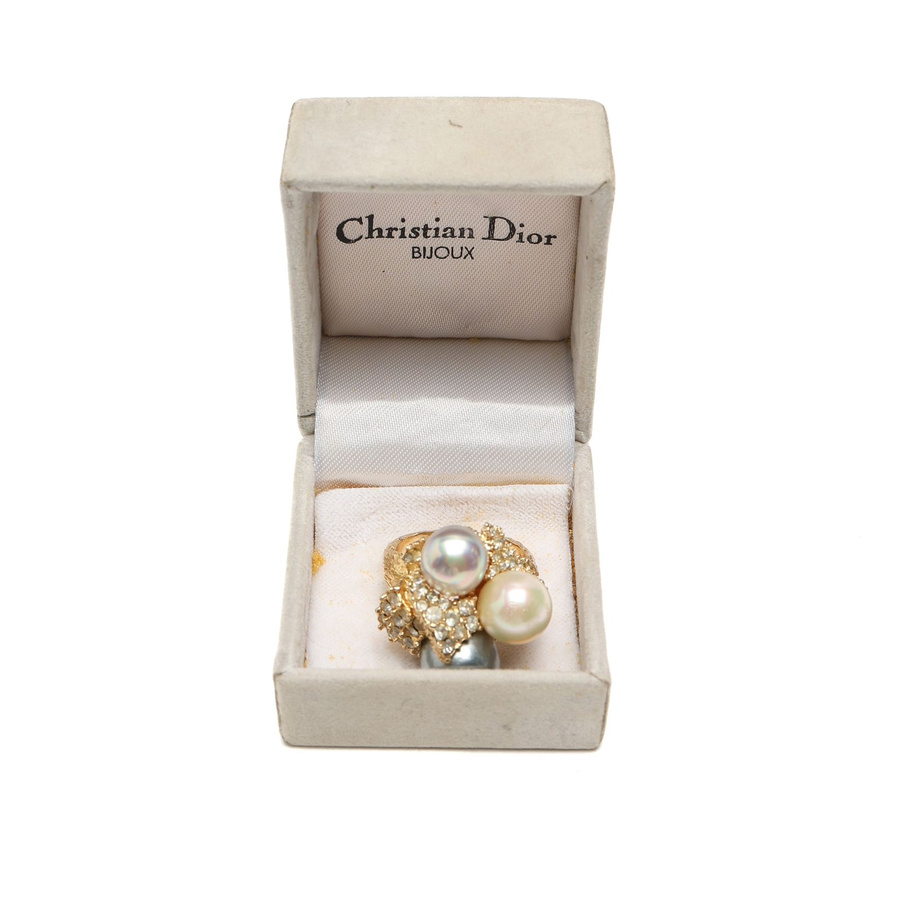 Christian Dior Rhinestone Pearl Ring, Size 60