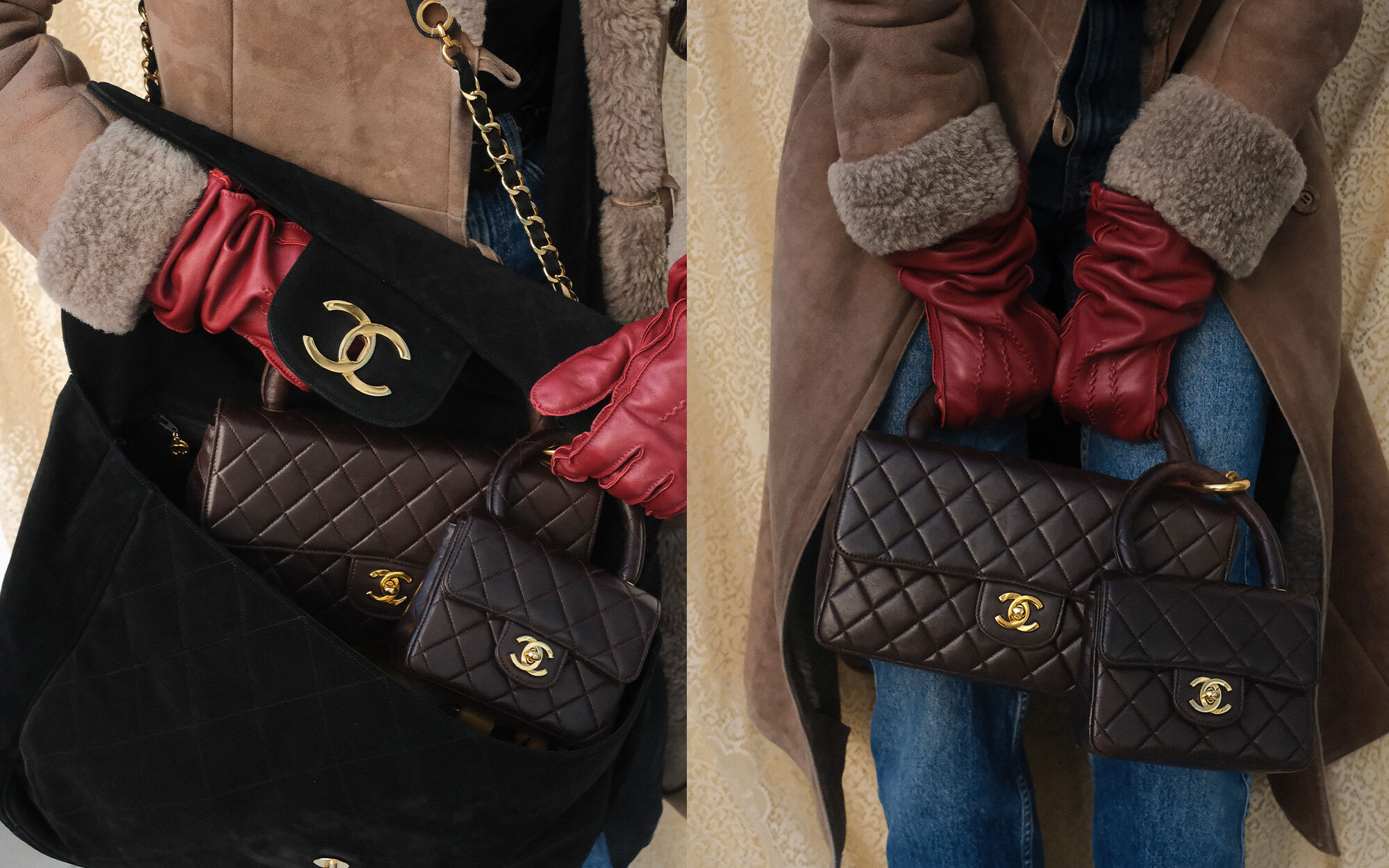 A person dressed in an elegant black outfit and veiled hat, accessorized with statement earrings and brooches. In the first view, they smile while holding a quilted black handbag with gold hardware. In the second view, they stand by a window, reaching toward the handbag resting on a stack of books.