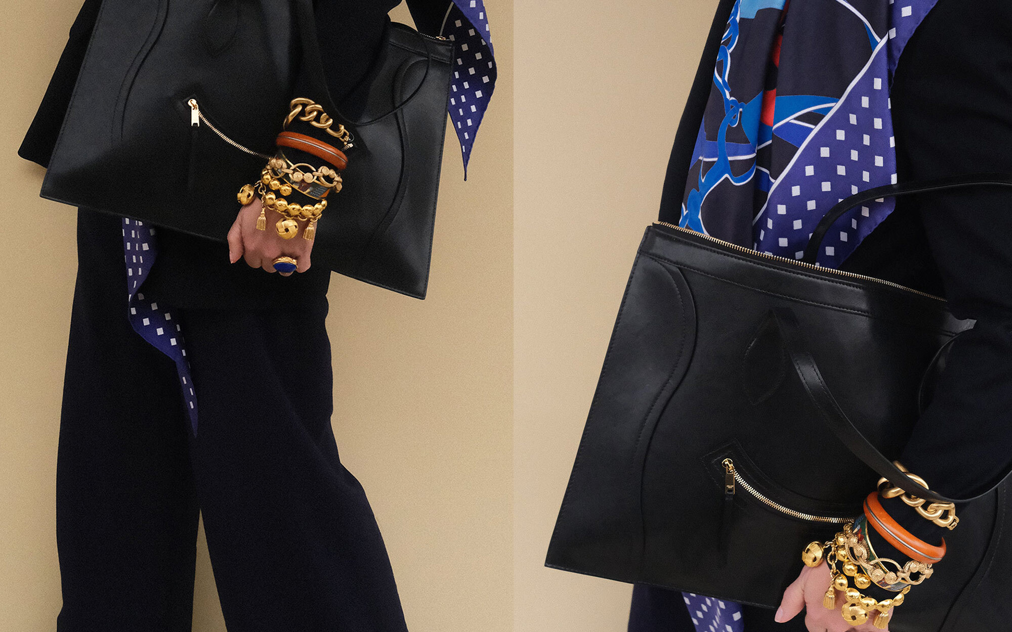 A person dressed in an elegant black outfit and veiled hat, accessorized with statement earrings and brooches. In the first view, they smile while holding a quilted black handbag with gold hardware. In the second view, they stand by a window, reaching toward the handbag resting on a stack of books.