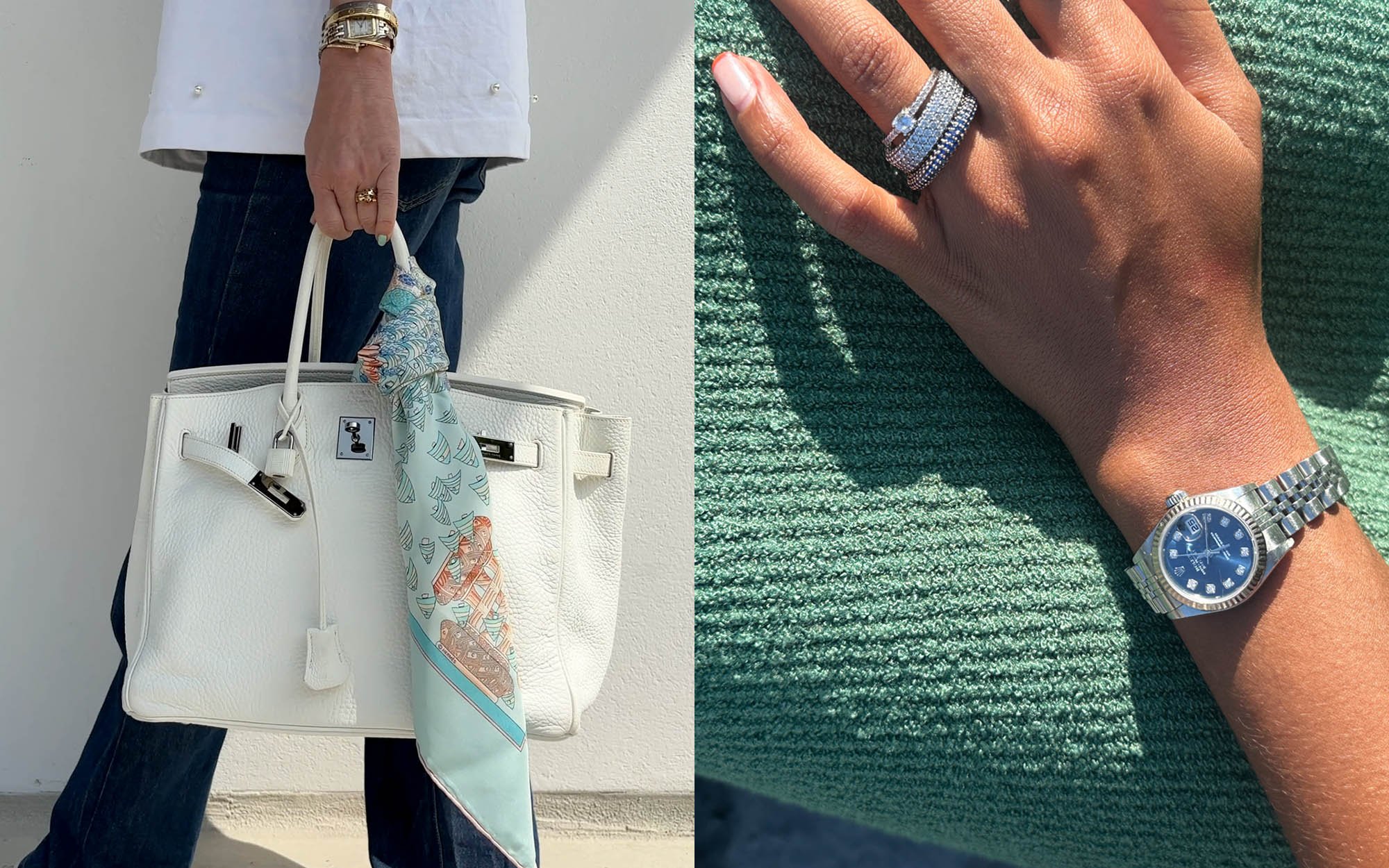 White Hermes Birkin bag, scarf, cartier panthere watch and cartier love bracelets desktop version
