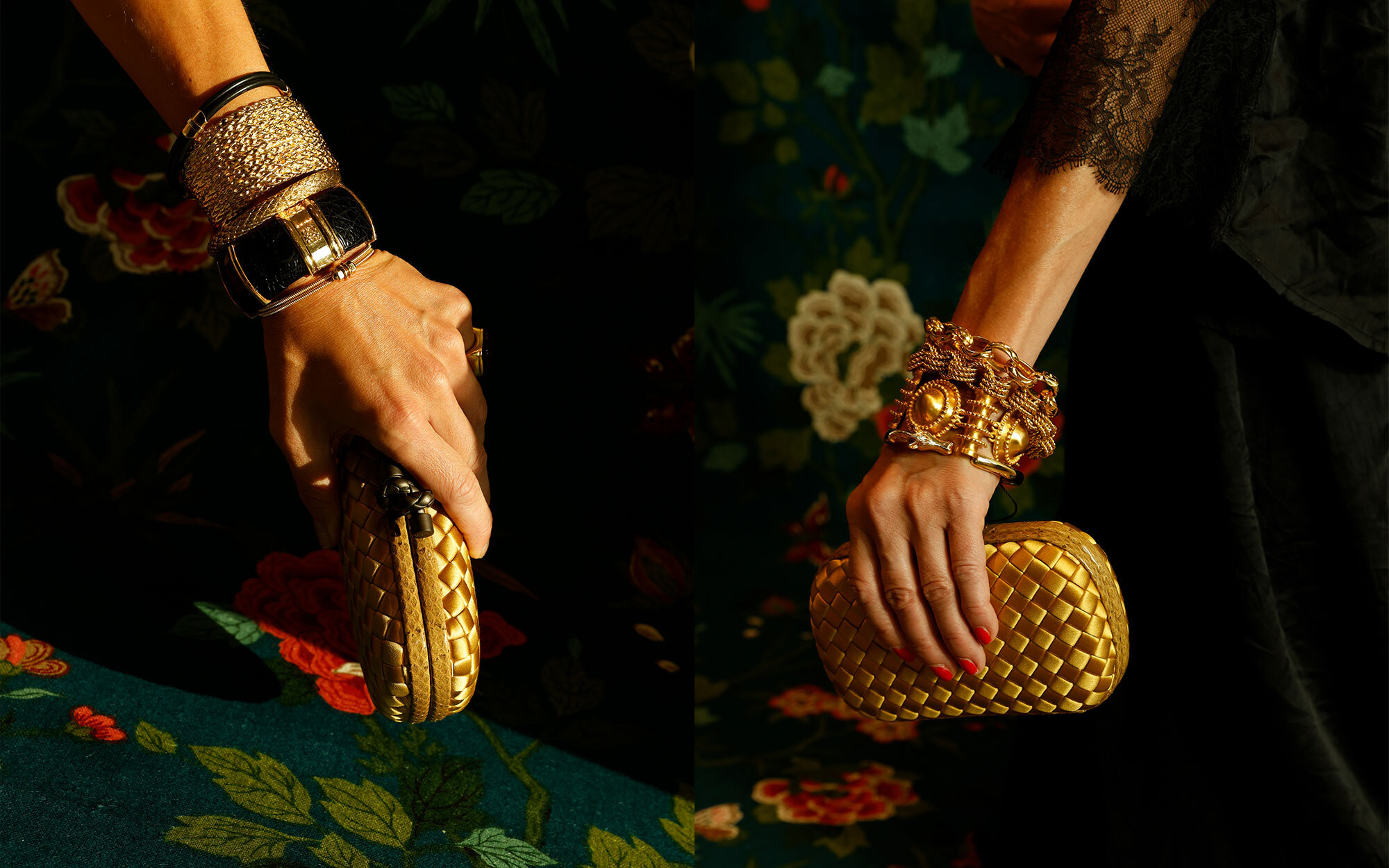 Two close-up shots of hands holding small gold woven clutches, each accessorized with bold statement bracelets in gold and black, set against a dark floral background.
