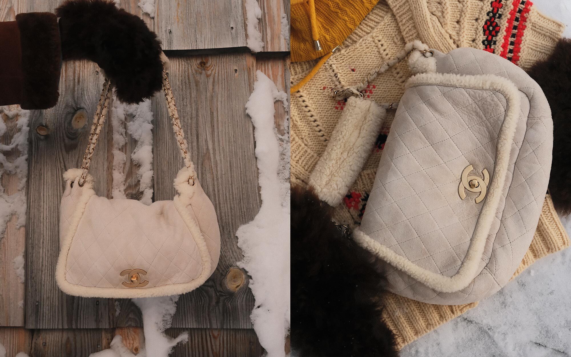 A person dressed in an elegant black outfit and veiled hat, accessorized with statement earrings and brooches. In the first view, they smile while holding a quilted black handbag with gold hardware. In the second view, they stand by a window, reaching toward the handbag resting on a stack of books.