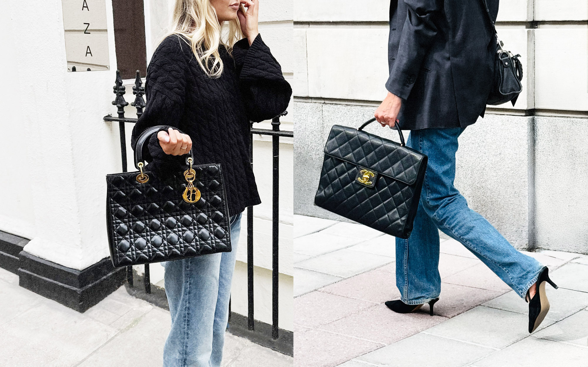 on the left, a woman in a black knit sweater and jeans holding a black quilted Dior handbag with gold hardware; on the right, a woman in a dark blazer and jeans walking with a black quilted Chanel handbag with a gold clasp.