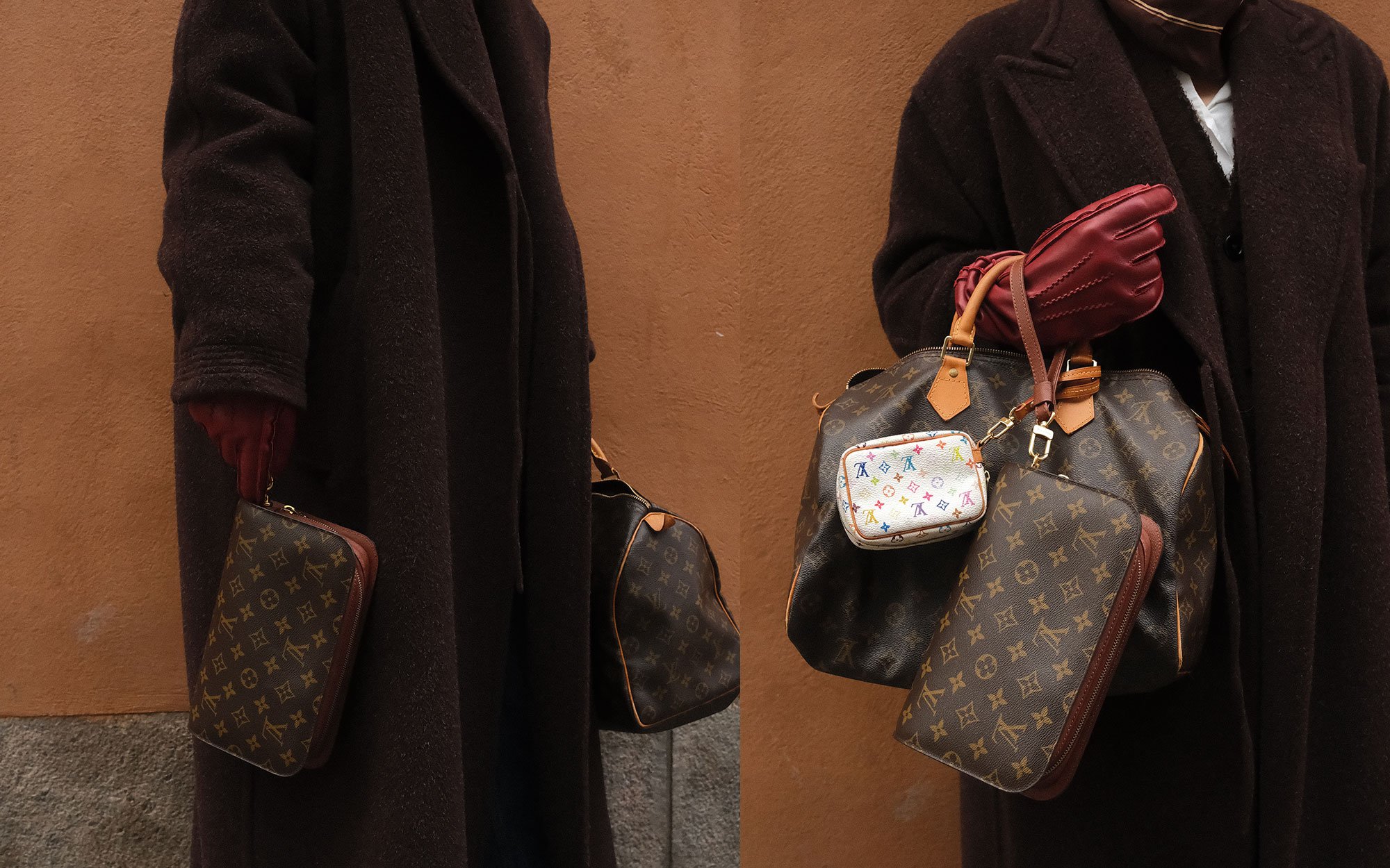 A person dressed in an elegant black outfit and veiled hat, accessorized with statement earrings and brooches. In the first view, they smile while holding a quilted black handbag with gold hardware. In the second view, they stand by a window, reaching toward the handbag resting on a stack of books.
